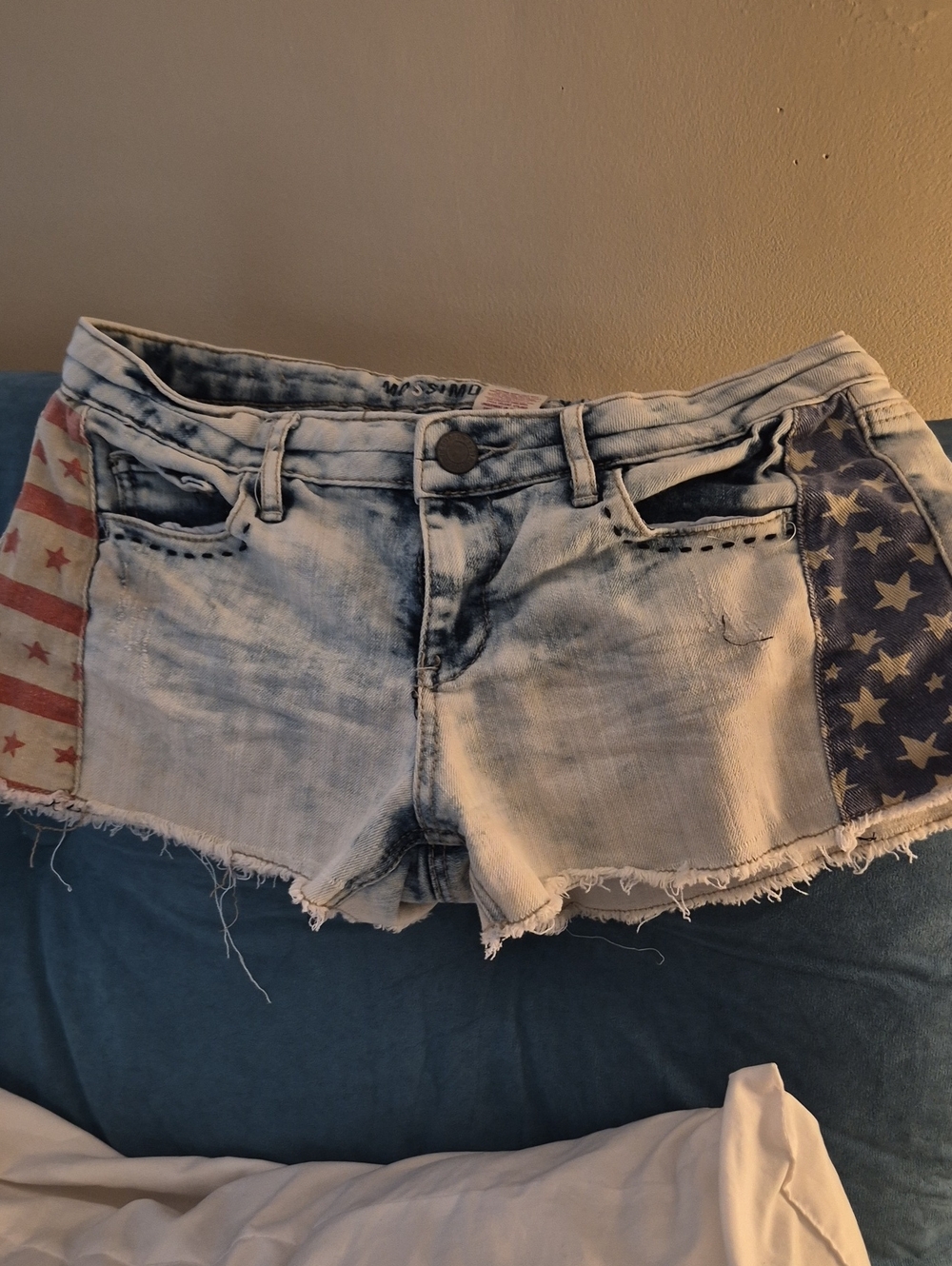 Mossimo Americana Flag Distressed Denim Jean Frayed Hem Shortie Shorts Sz 11